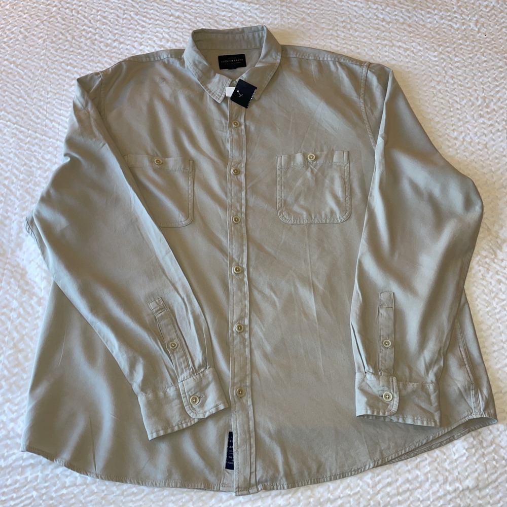 Lucky Brand Mens XXL Tan Khaki Long Sleeve Button‎ Down Shirt 7MP4LM01 NWT